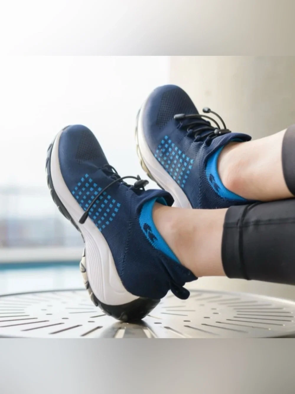 Women’s Navy Knit Athletic Sneakers with Light Blue Trim and White Midsole